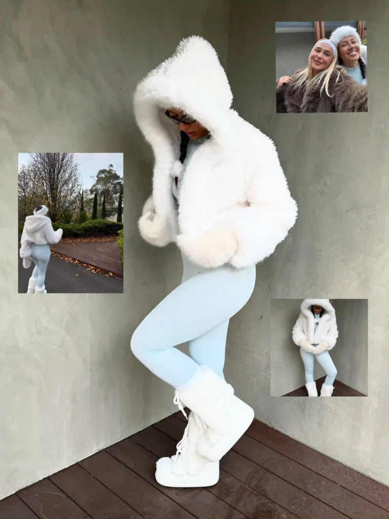 Fluffy Hooded Jacket with White Furry Boots Winter Outfit