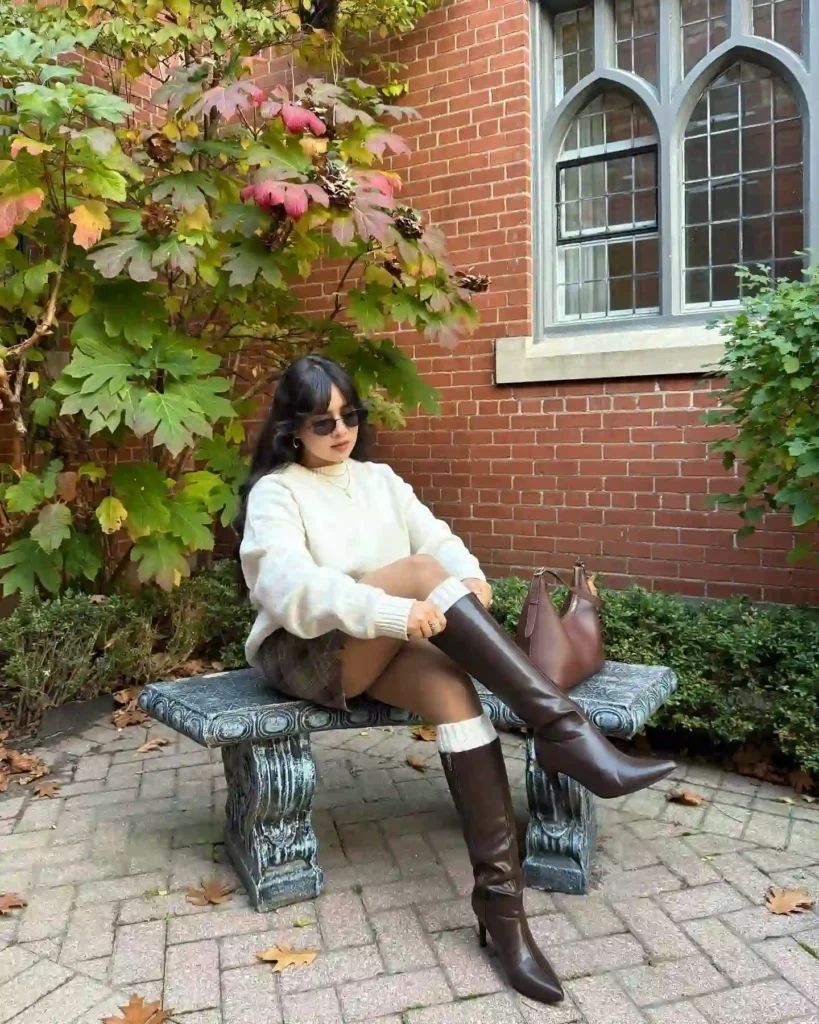 White Sweater with Plaid Skirt and Brown Knee High Boots