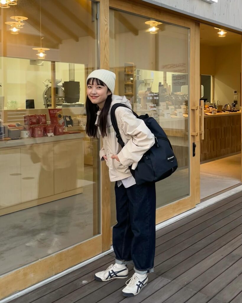 Cream Jacket with Dark Baggy Jeans Outfit