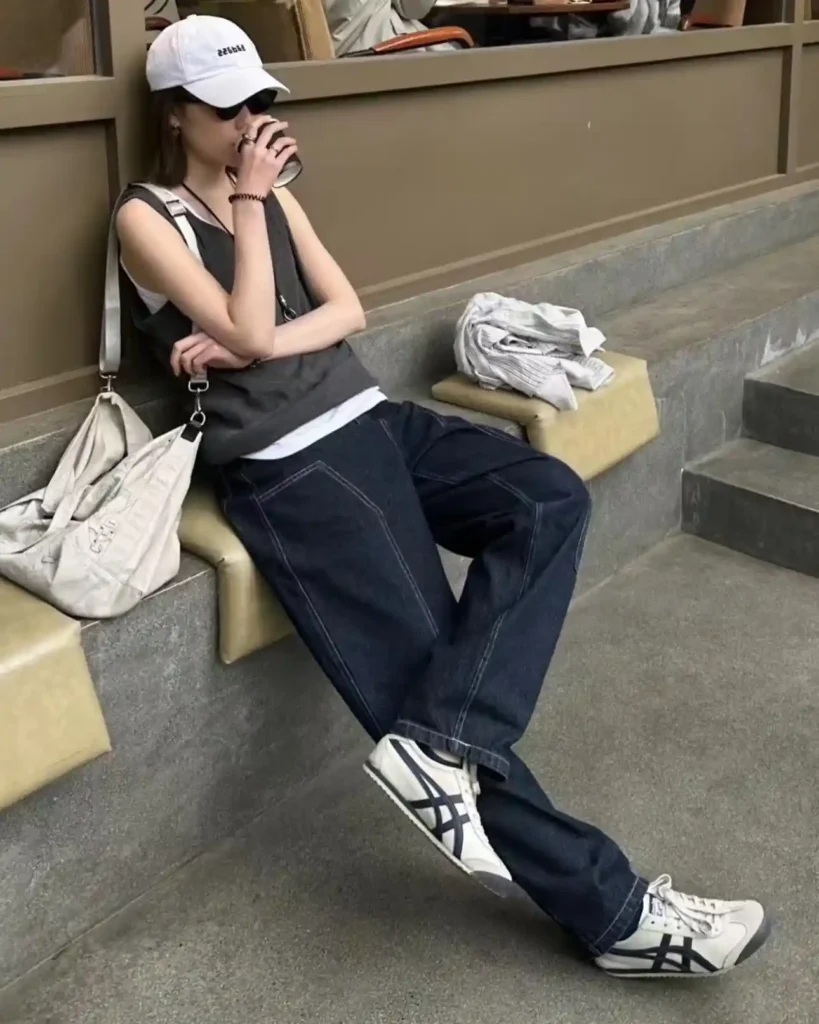 Grey Tank with Dark Baggy Jeans Outfit