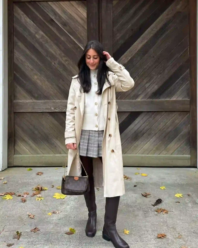 Cream Trench with Plaid Skirt and Flat Brown Knee High Boots
