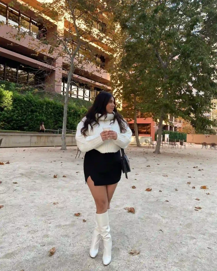 Turtleneck Sweater with Black Skirt and White Boots