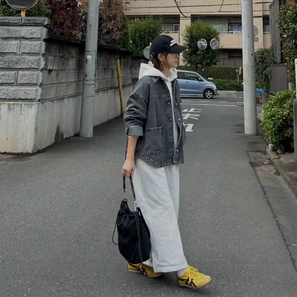 Grey Denim Jacket with Maxi Skirt and Onitsuka Tiger Mexico 66 Outfit
