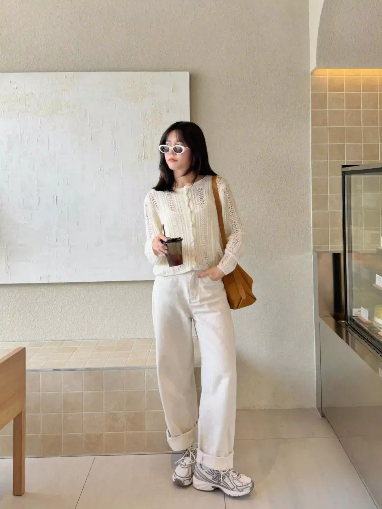 Crochet Knit Top with Cream Wide-Leg Jeans and New Balance 740