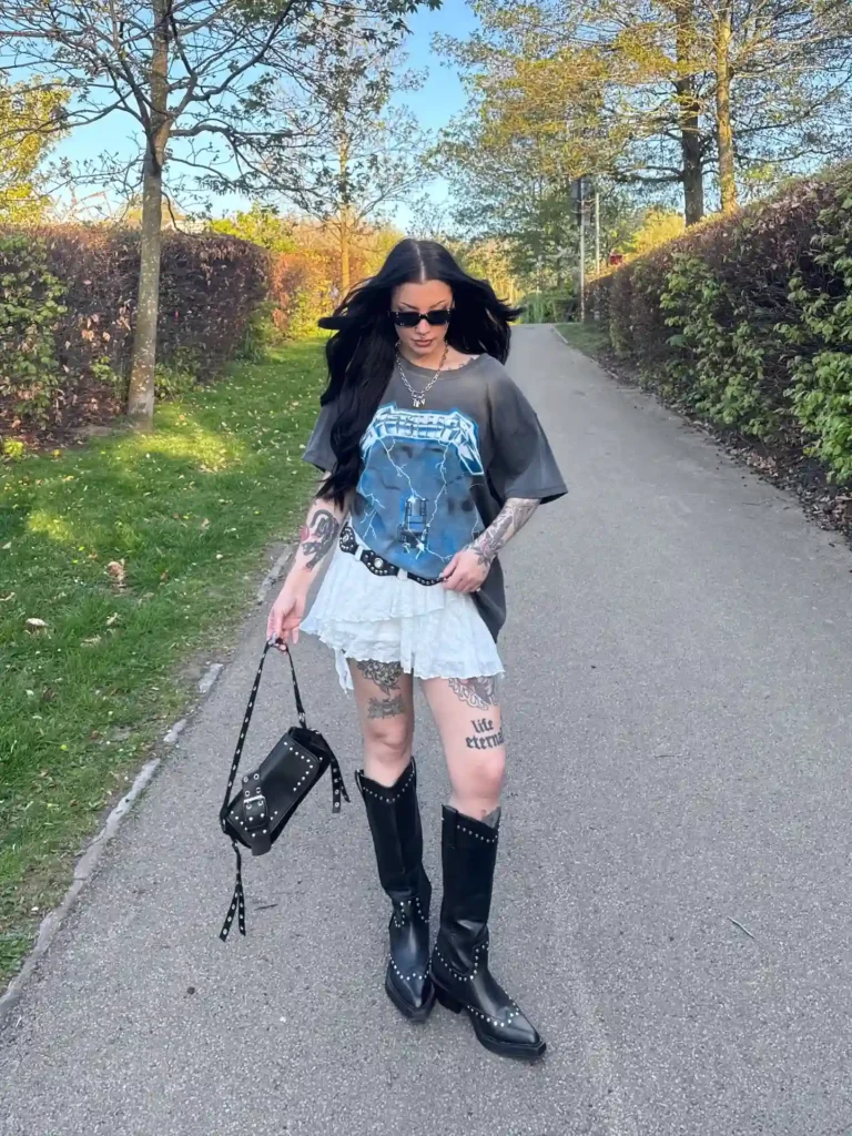 Band Tee with Ruffle Skirt and Studded Knee-High Boots Concert Look