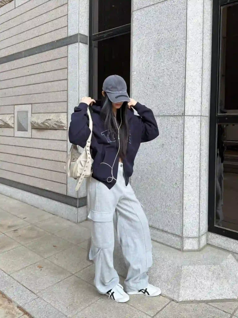 Navy Zip-Up Hoodie with Grey Cargo Pants Outfit