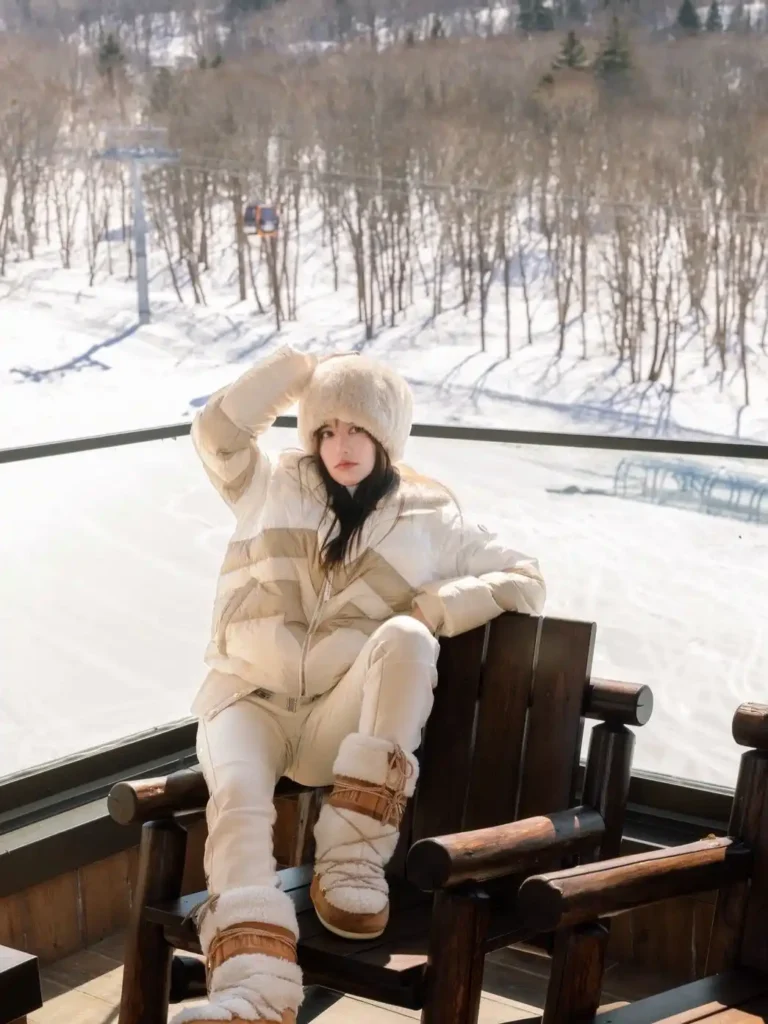 Cream Ski Suit with Shearling Moon Boots