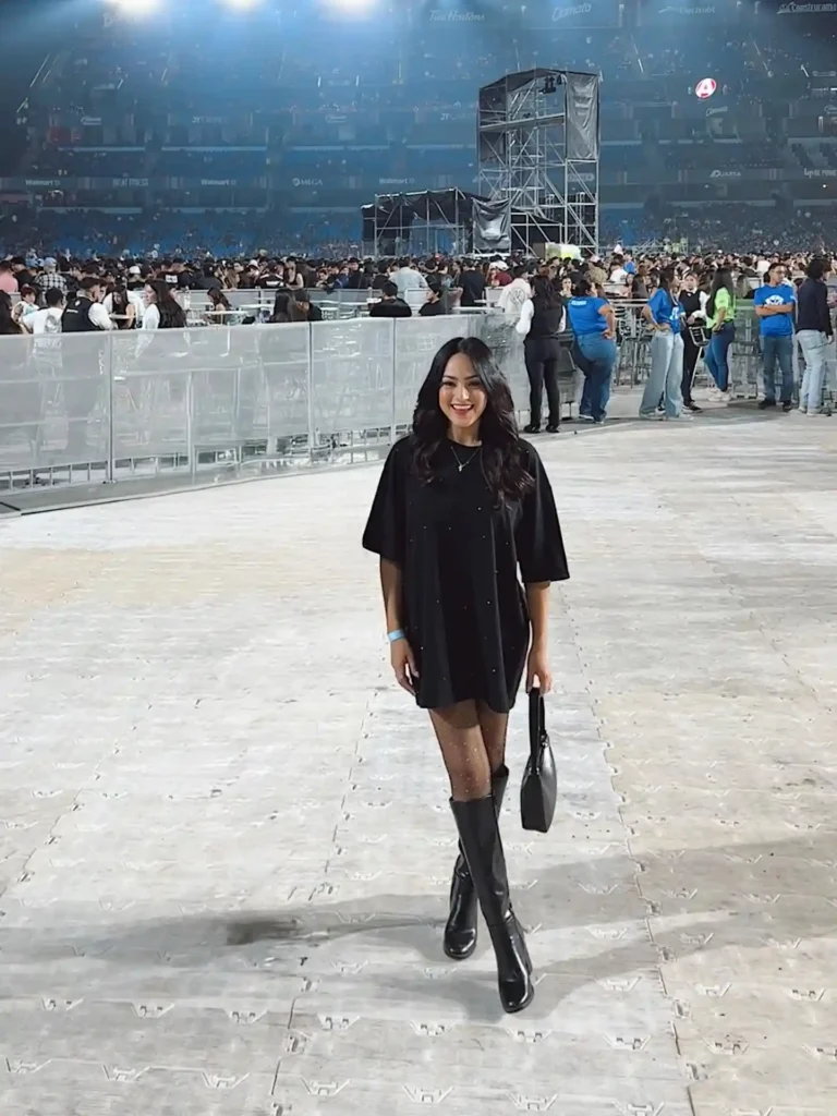Oversized Tee Dress with Fishnet Tights and Knee-High Boots