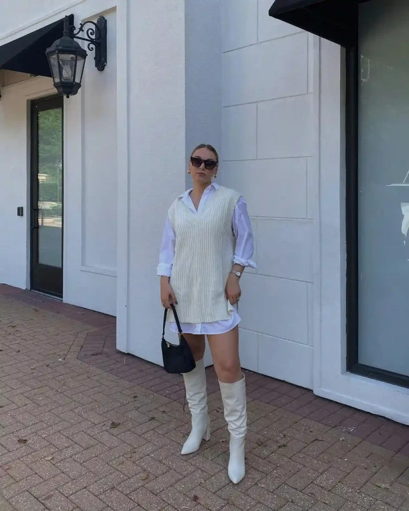 Oversized Shirt Dress with Cream Sweater Vest and White Boots