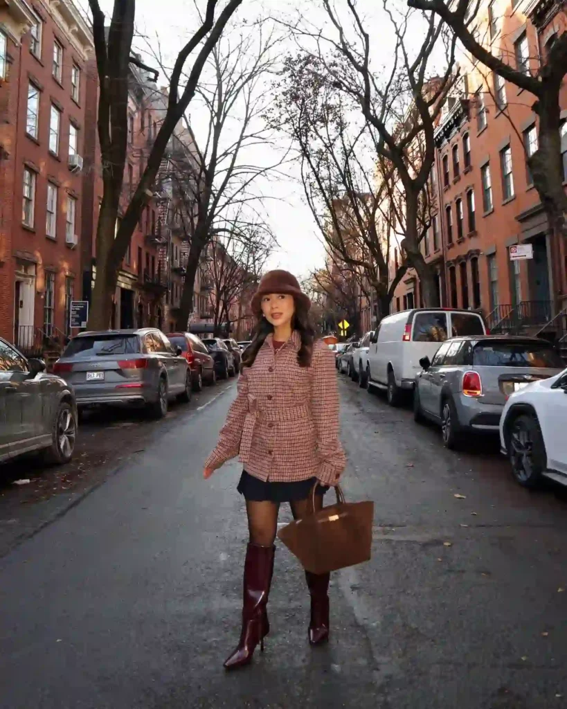 Houndstooth Jacket with Pleated Skirt and Burgundy Knee High Boots