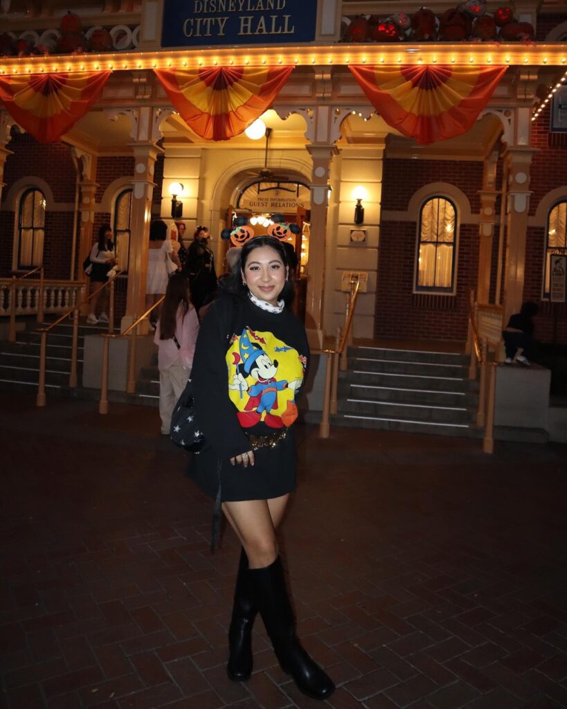 Graphic Sweater Dress with Black Knee High Boots Halloween Outfit