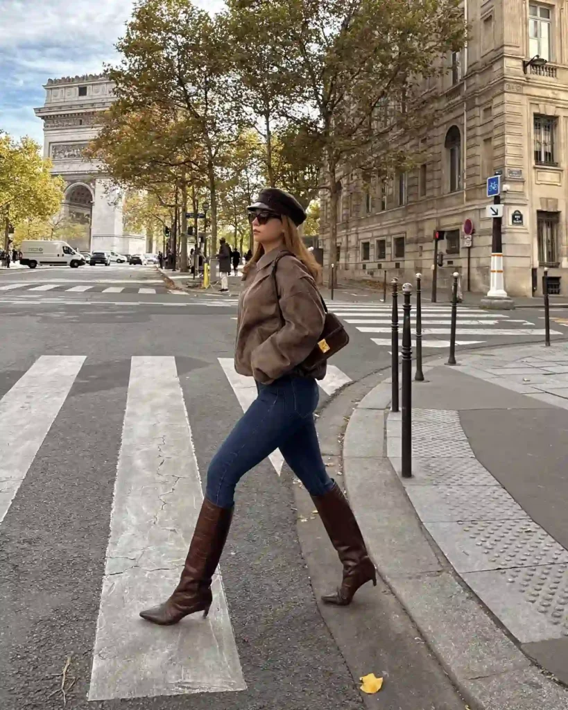 Suede Jacket with Brown Knee High Boots and Skinny Jeans Outfit