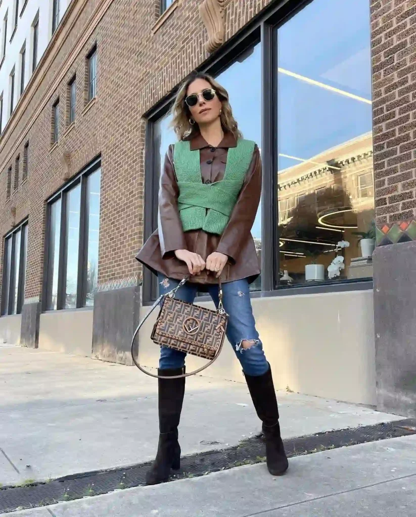 Leather Shirt with Green Vest, Brown Knee High Boots and Ripped Jeans Outfit