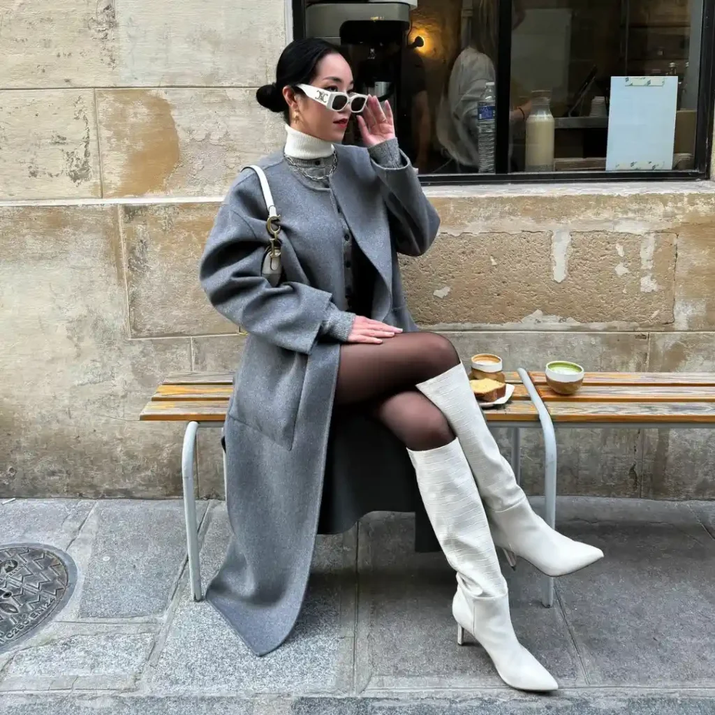 Grey Coat with Tights and White Heeled Boots