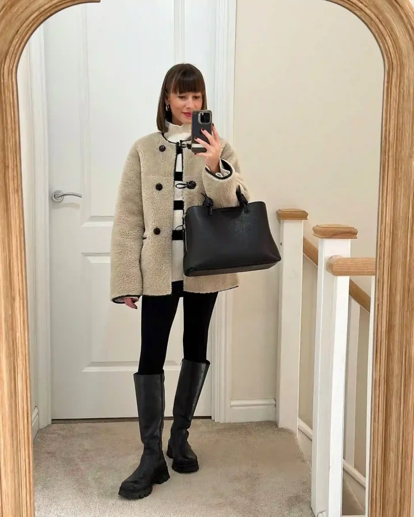Teddy Coat with Leggings and Chunky Knee High Boots Outfit
