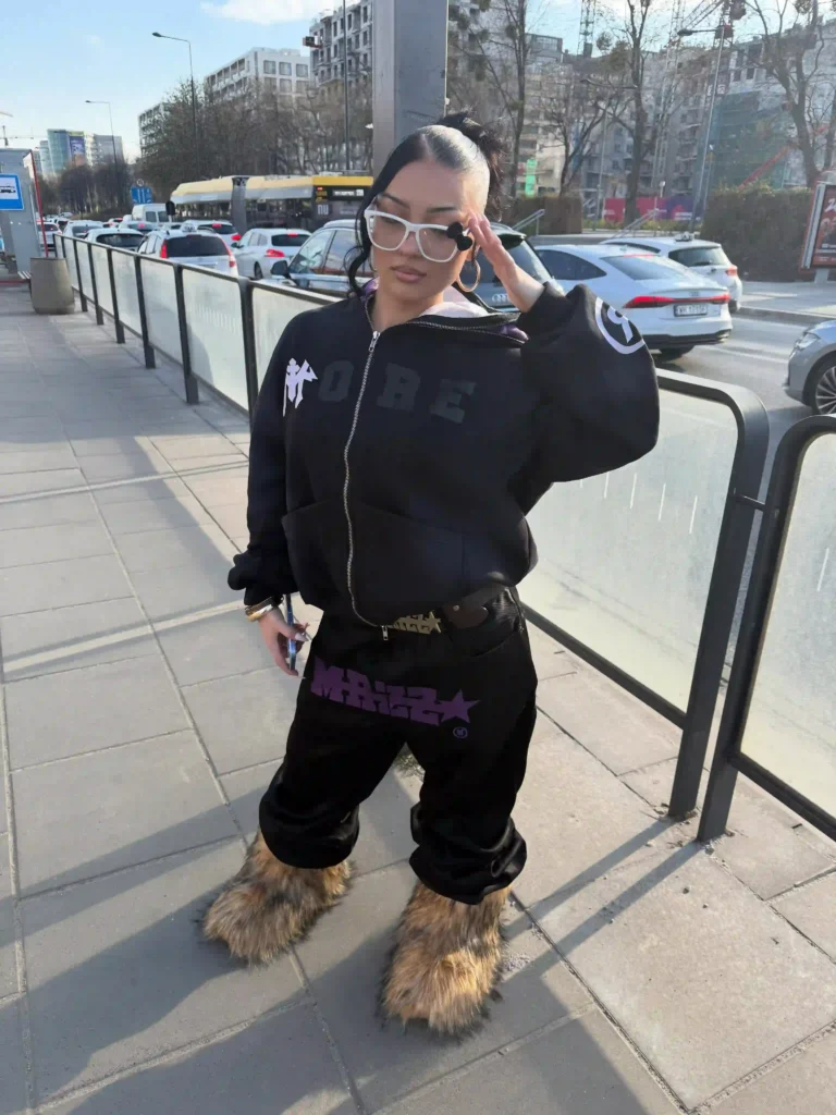 All-Black Streetwear with Leopard Fur Boots
