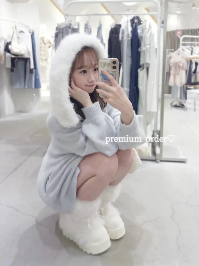 Grey Knit Dress with White Fur Hood and Boots