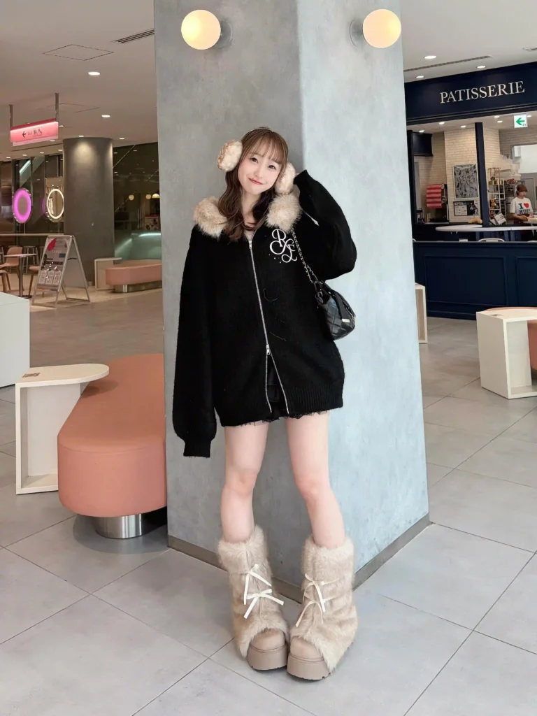 Oversized Black Zip-Up with Fluffy Platform Boots