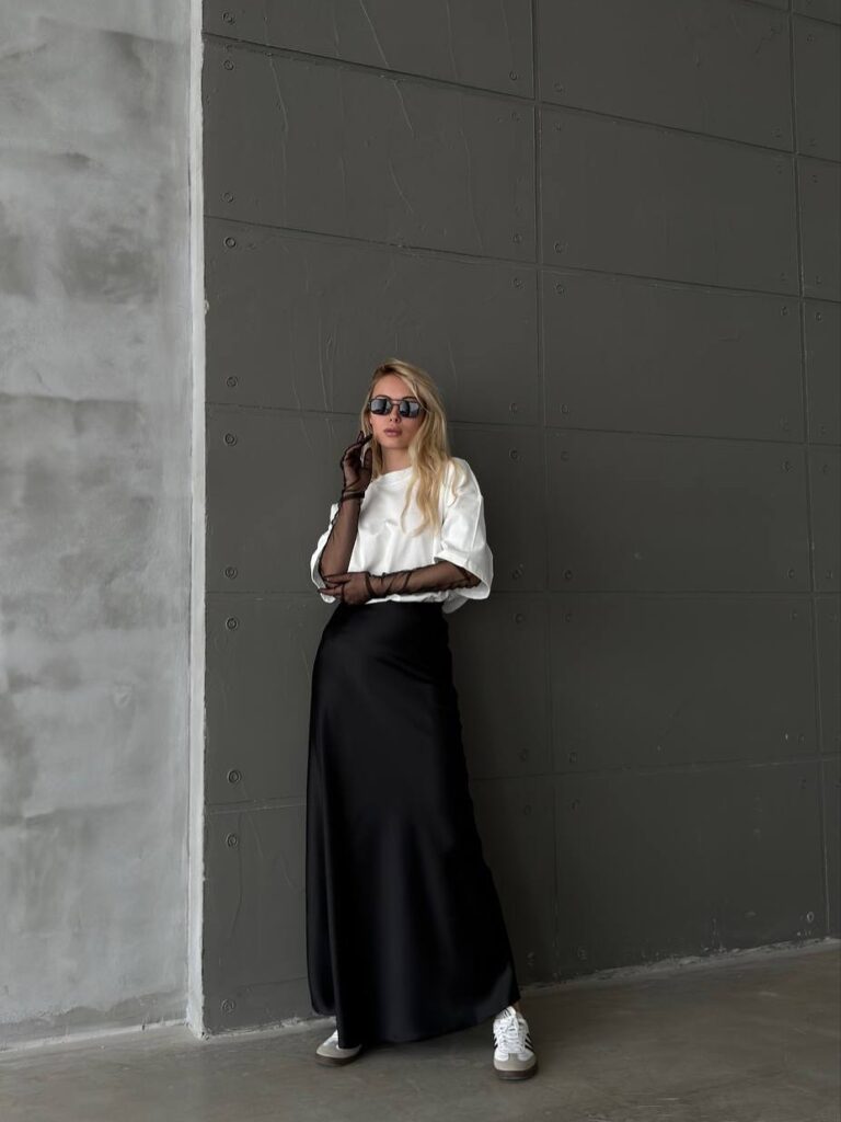 White Top with Mesh Sleeves and Black Satin Maxi Skirt and Adidas Samba