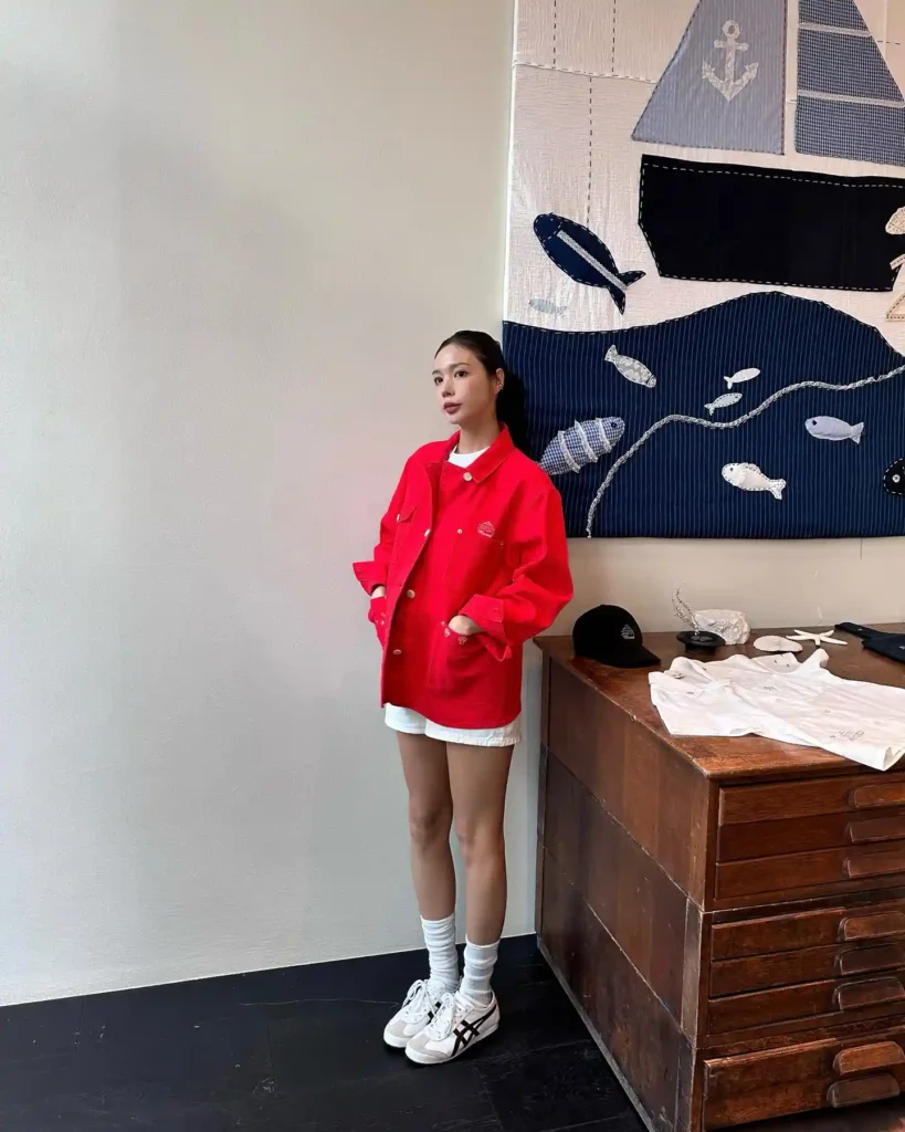 Red Chore Jacket with White Shorts Outfit