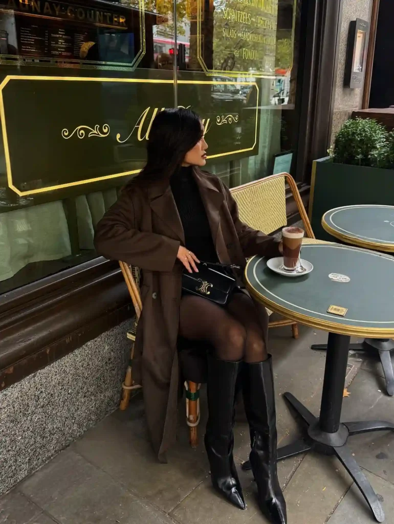 Brown Trench Coat with Sheer Tights and Black Knee High Boots