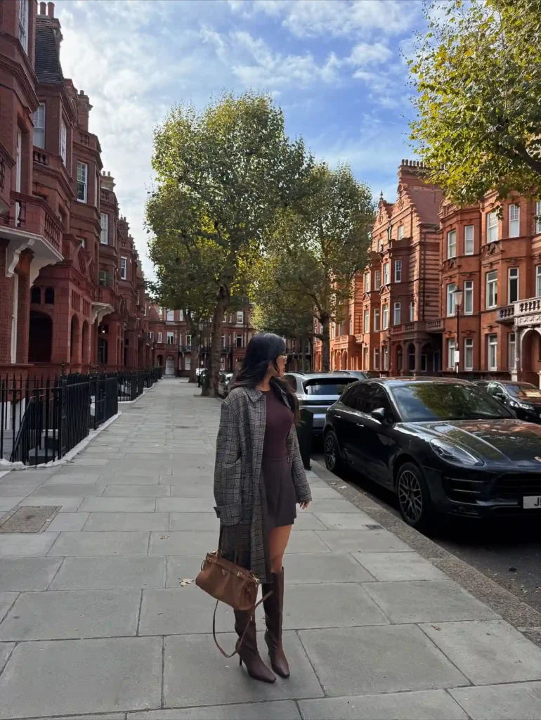 Plaid Coat with Brown Shorts Set and Chocolate Knee High Boots