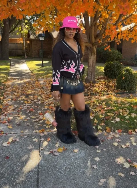 Flame Cardigan with Mini Skirt and Black Fur Boots