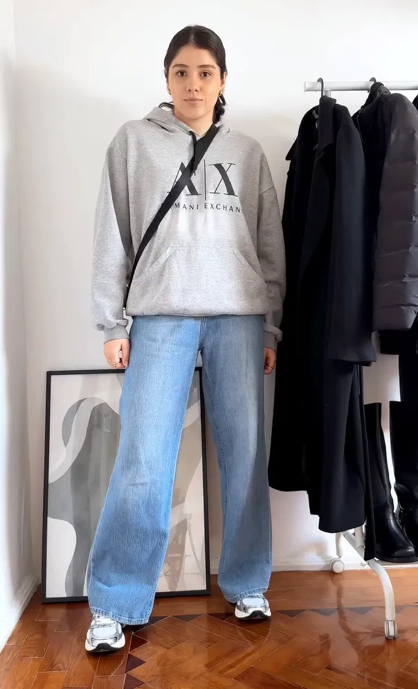 Gray Logo Hoodie with Wide-Leg Jeans and Chunky Sneakers