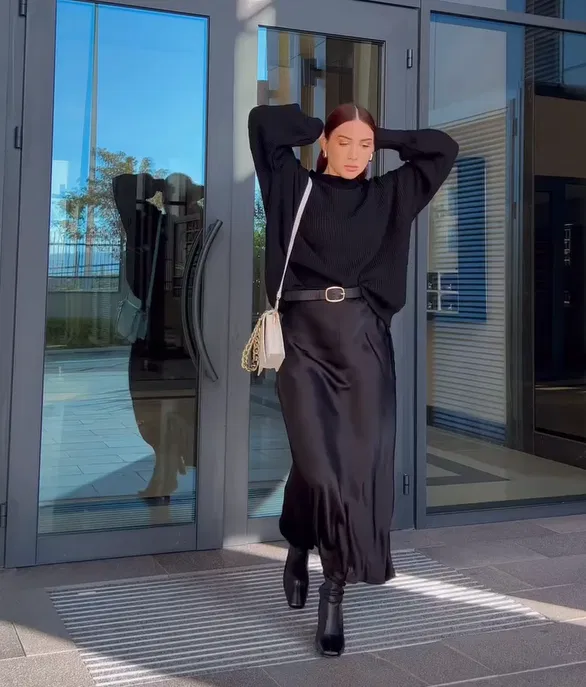 Black Satin Skirt with Black Turtleneck Outfit