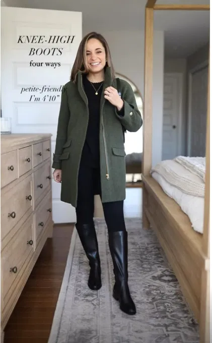 Green Coat with Leggings and Riding Knee High Boots Outfit