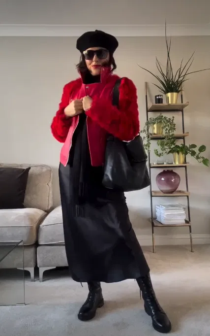 Black Satin Skirt with Red Fur Jacket Outfit