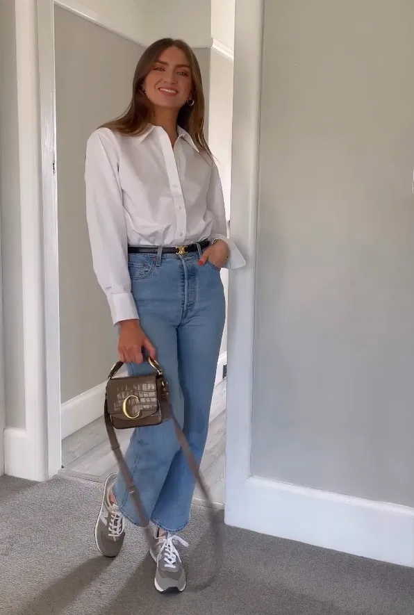 Tucked White Shirt with Wide-Leg Jeans
