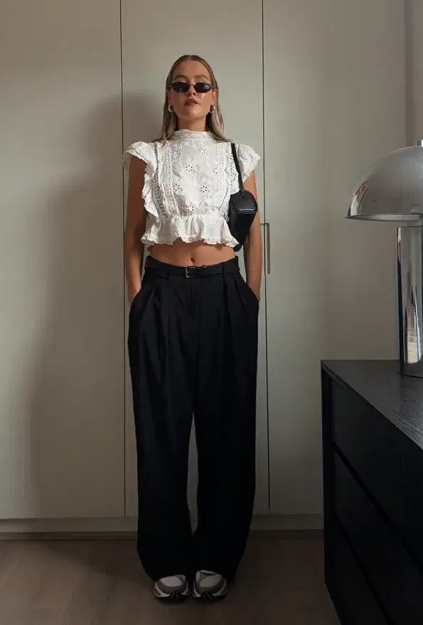 White Lace Top with Black Trousers Outfit