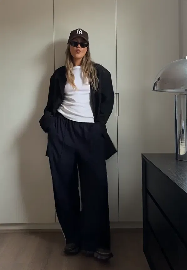 Black Blazer with White Tee and Wide Trousers Outfit