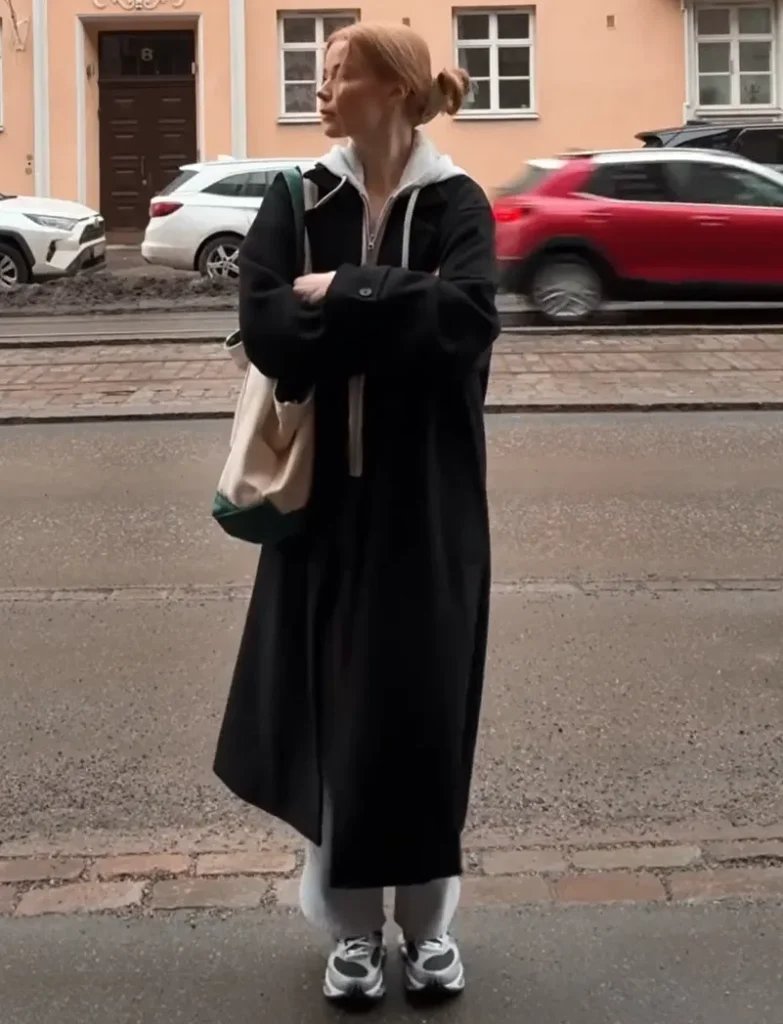 Long Black Coat with Grey Hoodie Layer Outfit