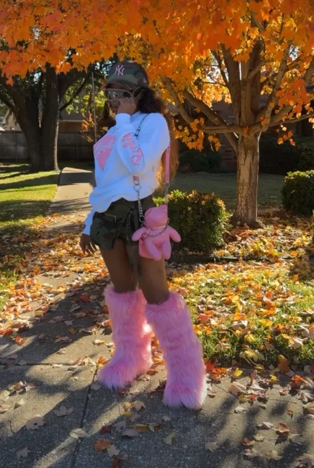 White Hoodie with Cargo Skirt and Pink Fur Boots