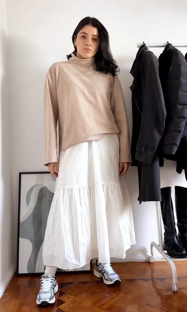Beige Turtleneck with a White Maxi Skirt and Chunky Sneakers
