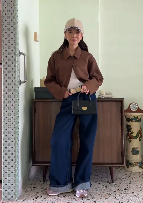 Brown Cropped Jacket with Wide-Leg Jeans Outfit