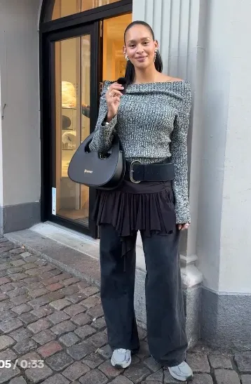 Marled Knit Off-Shoulder Top with Black Jeans and New Balance 740