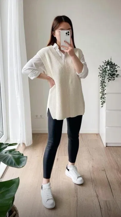 Knit Vest with Leather Leggings