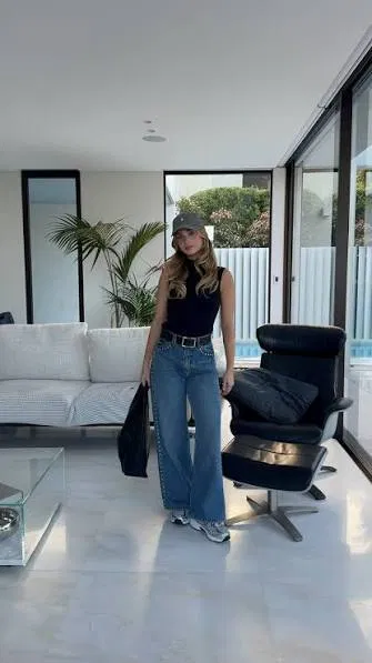 Black Tank Top with Wide-Leg Jeans and New Balance 740