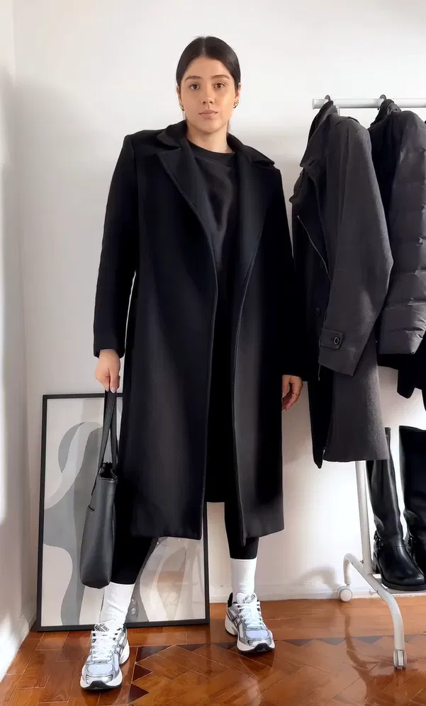 Long Black Coat with White Socks and Silver Sneakers