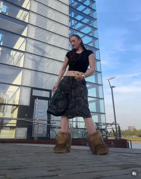 Crop Top with Camo Shorts and Brown Fur Boots