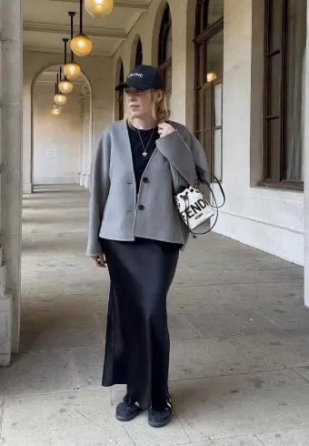 Grey Wool Jacket with Black Satin Skirt and Adidas Samba