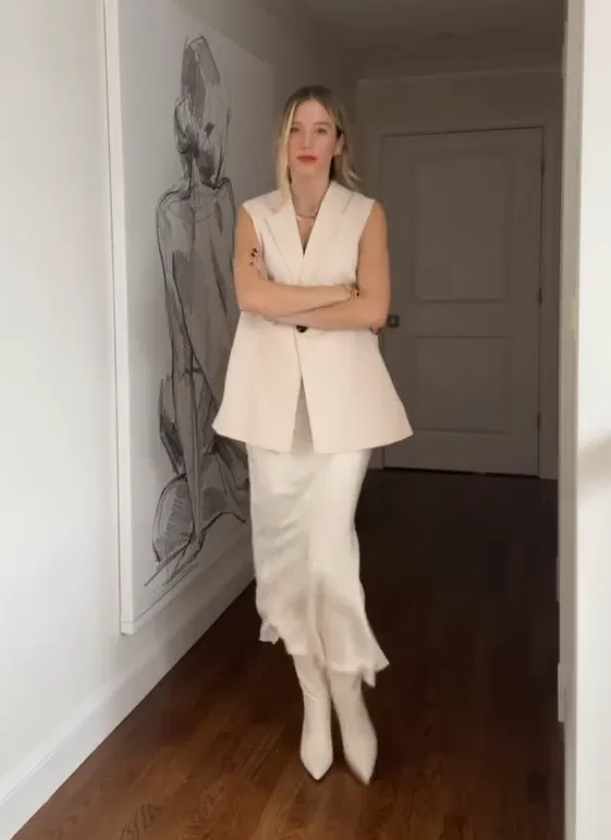 Cream Vest with Satin Skirt and White Boots