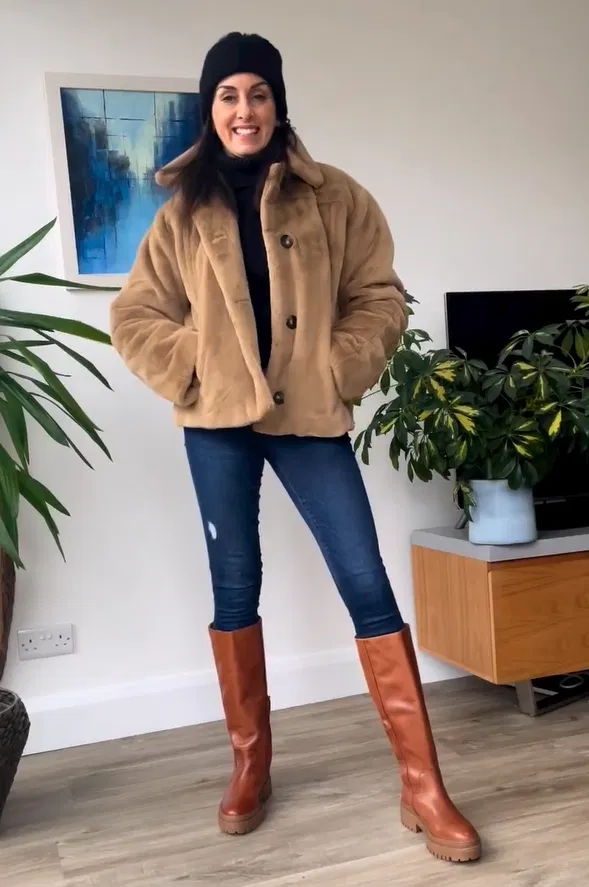 Camel Teddy Jacket with Tan Knee High Boots and Skinny Jeans Outfit