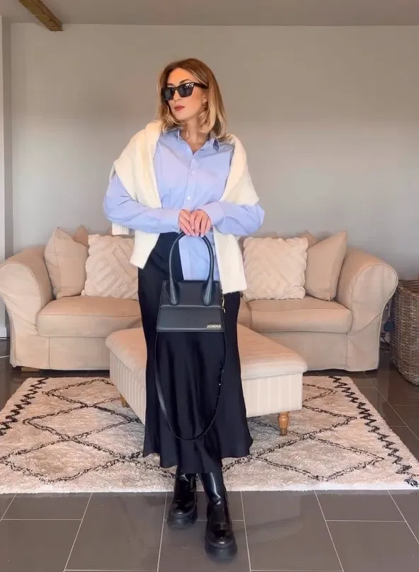Black Satin Skirt with Blue Shirt Outfit