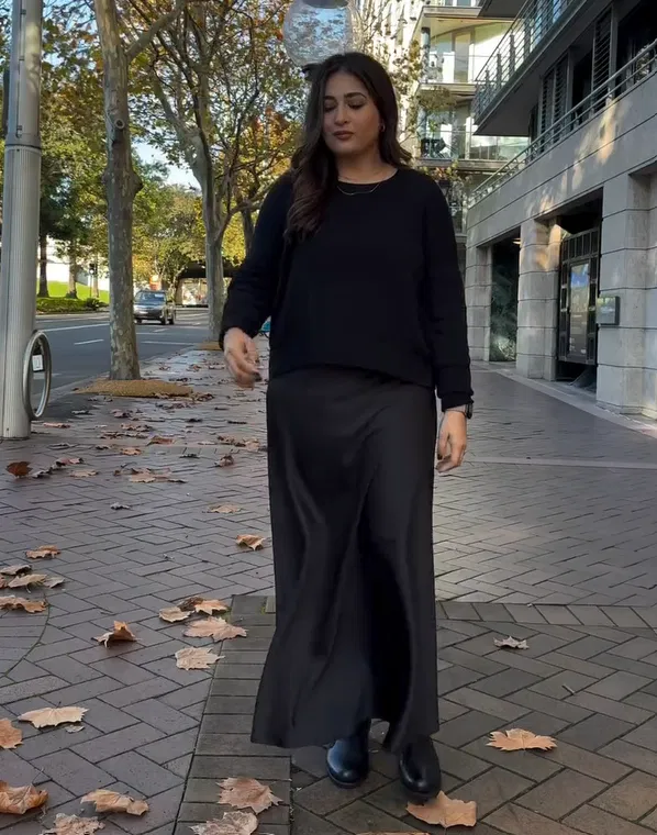 Black Satin Skirt with Black Sweater Outfit