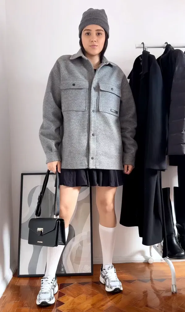Gray Shirt Jacket with a Black Skirt and Chunky Sneakers
