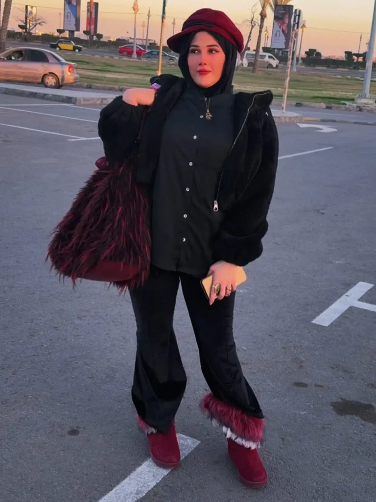 Black Teddy Jacket with Burgundy Fur-Trim Boots Winter Outfit